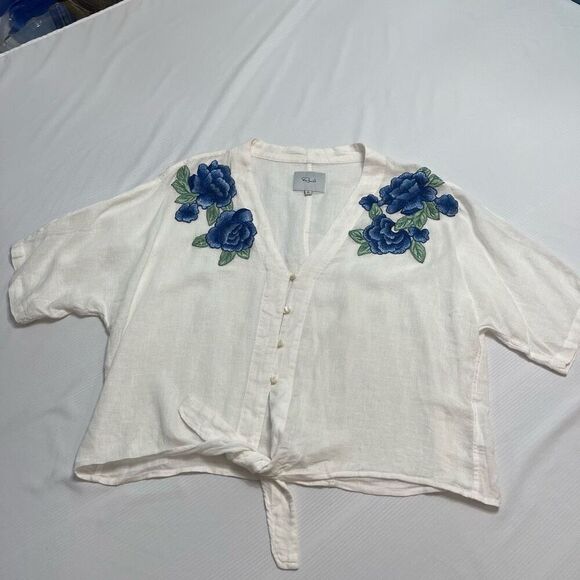 Rails Women's White Embroidered Woven Linen V-Neck Tie Blouse Top Size Medium - Picture 1 of 9